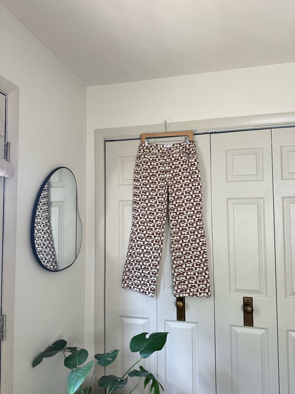 Forever 21 Floral Checkered Brown and Cream Geometric Print Pants